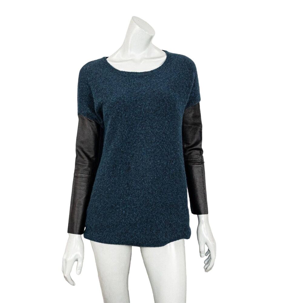 MAJE wide neck Pullover Knit Sweater in Navy Blue Leather Sleeve Women's 1